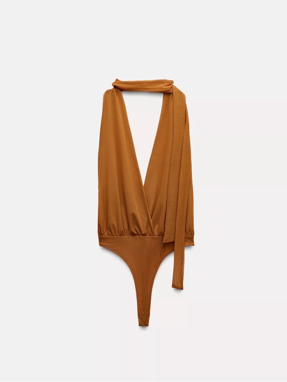 Zara Deep V-Neck Halter Bodysuit in Cognac Brown